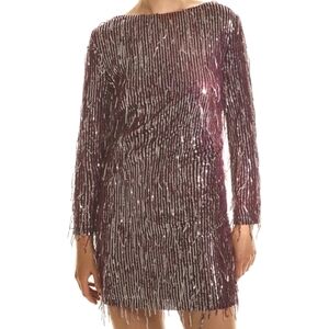 $10 SALE Zara Sequin Fringe Mini Dress Burgundy Red Silver Party Glam SM